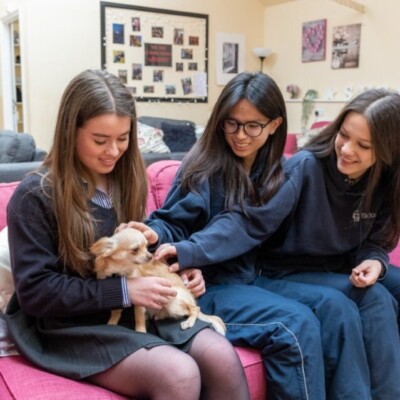 Střední škola v Anglii Sidcot School kampus koleje internát studentky pes
